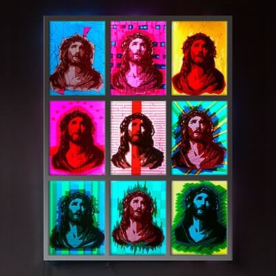 OMG- Jesus Tape art- Packband auf Leuchtkastenkunst