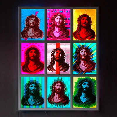 OMG- Jesus Tape art- Packband auf Leuchtkastenkunst