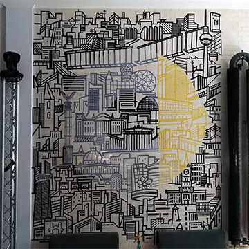 Skyline-Tape-Art-Wand-Graffiti- Auftrag-Mercedes und Smart-Vorschaubild